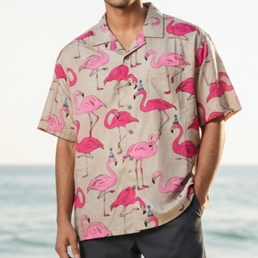 Hardaddy NWT Mens 3XL Flamingo Party Hat Hawaiian Shirt Tan Pink Short Sleeve